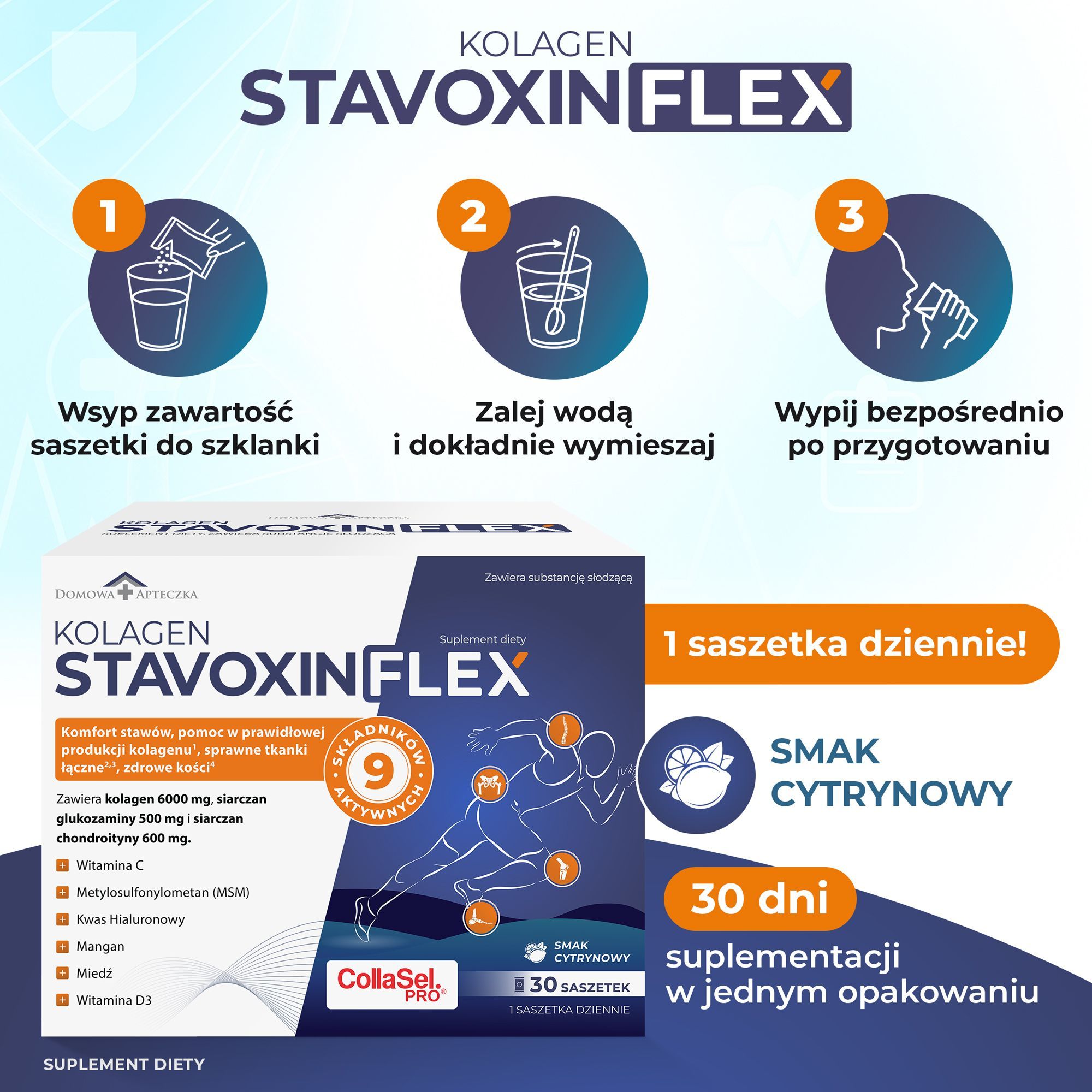 Коллаген Domowa Apteczka Stavoxin Flex 6000 мг, для суставов, лимон, 30 саше — фото 6