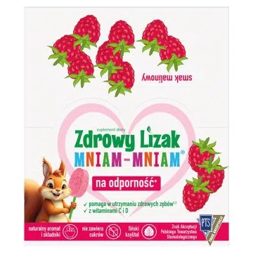 Zdrowy Lizak MniamMniam, na ząbki kości i odporność z witaminą C i D, smak malinowy, lizaki, 40 szt.