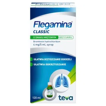Flegamina, 4 mg/5 ml, syrop o smaku miętowym, bez cukru, 120 ml
