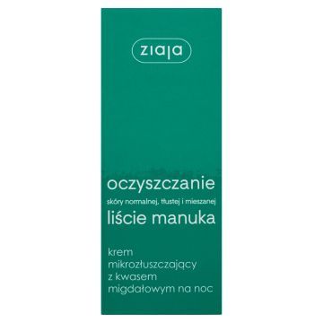 Ziaja Liście Manuka-Oczyszczanie, krem mikrozłuszczający z kwasem migdałowym, na noc, 50 ml
