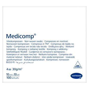 Medicomp, niejałowe kompresy z włókniny, 4-warstwowe, 10 cm x 10 cm, 100 szt.