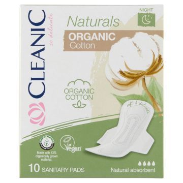 Cleanic Naturals Oragnic Cotton, podp.,Night, 10 szt