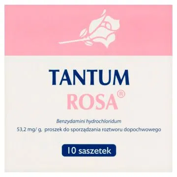 Tantum Rosa, 53,2 mg/g, proszek do sporządzania roztworu dopochwowego, 10 saszetek