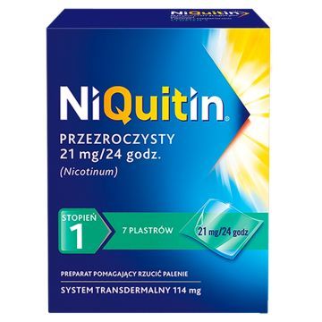 Niquitin przezroczysty, 21 mg/24 h, system transdermalny 114 mg, stopień 1, plastry, 7 szt.