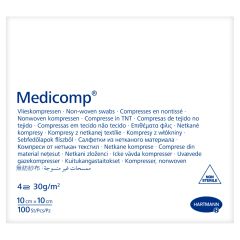 Medicomp, niejałowe kompresy z włókniny, 4-warstwowe, 10 cm x 10 cm, 100 szt.
