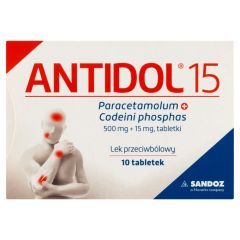 ANTIDOL 15, 500 mg + 15 mg, tabletki, Opakowanie zawiera 10 tabletek.