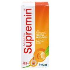 SUPREMIN, 4 mg/5 ml, syrop, Butelka zawierająca 200 ml syropu w tekturowym pudełku zawierającym także łyżeczkę miarową o pojemności 5 ml.
