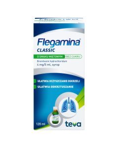 Flegamina, 4 mg/5 ml, syrop o smaku miętowym, bez cukru, 120 ml