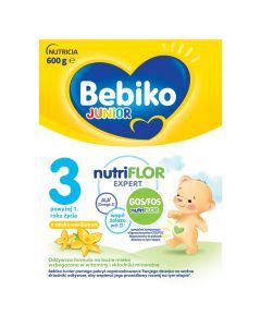 Bebiko Junior 3 NUTRIflor Expert, odżywcza formuła na bazie mleka o smaku waniliowym, powyżej 1. roku życia,  proszek, 600 g