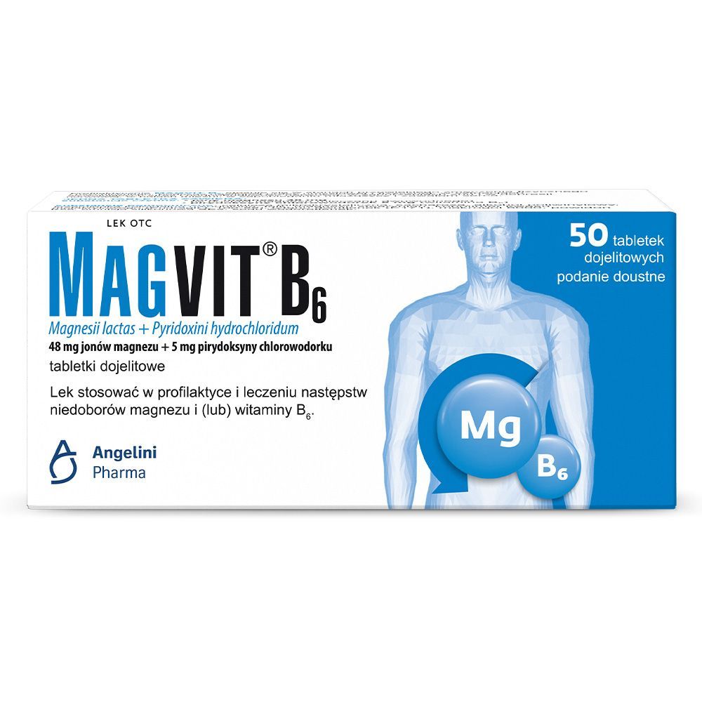 Magvit B6, 48 mg jon&oacute;w magnezu + 5 mg pirydoksyny chlorowodorku, tabletki dojelitowe, 5o sztuk