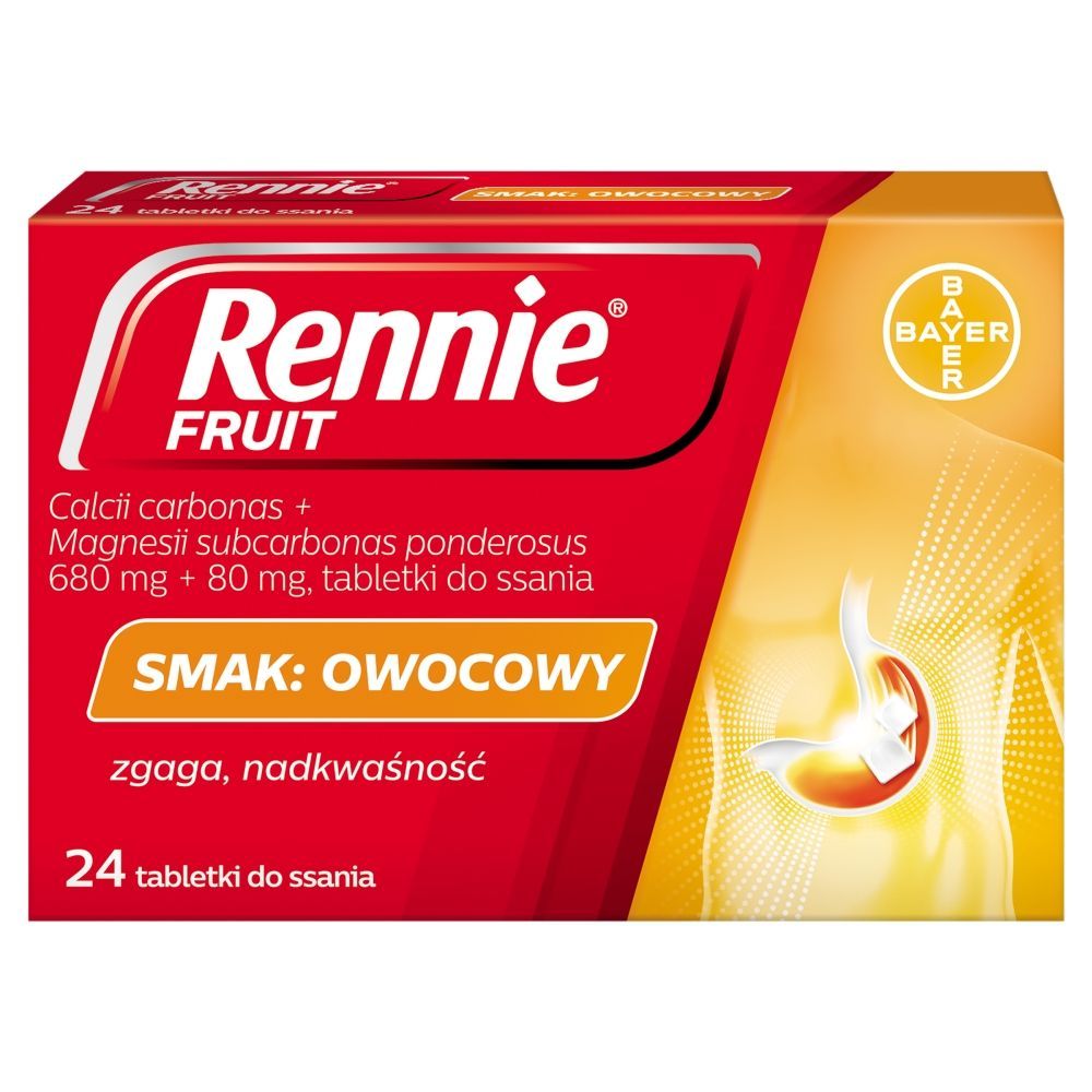Rennie Fruit, 680 mg + 80 mg, tabletki do ssania, smak owocowy, 24 szt.