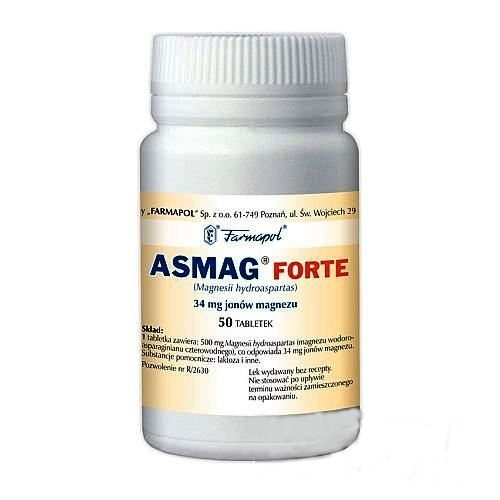 ASMAG FORTE, 34 mg jon&oacute;w magnezu, tabletki, 50 tabletek w pojemniku w tekturowym pudełku.