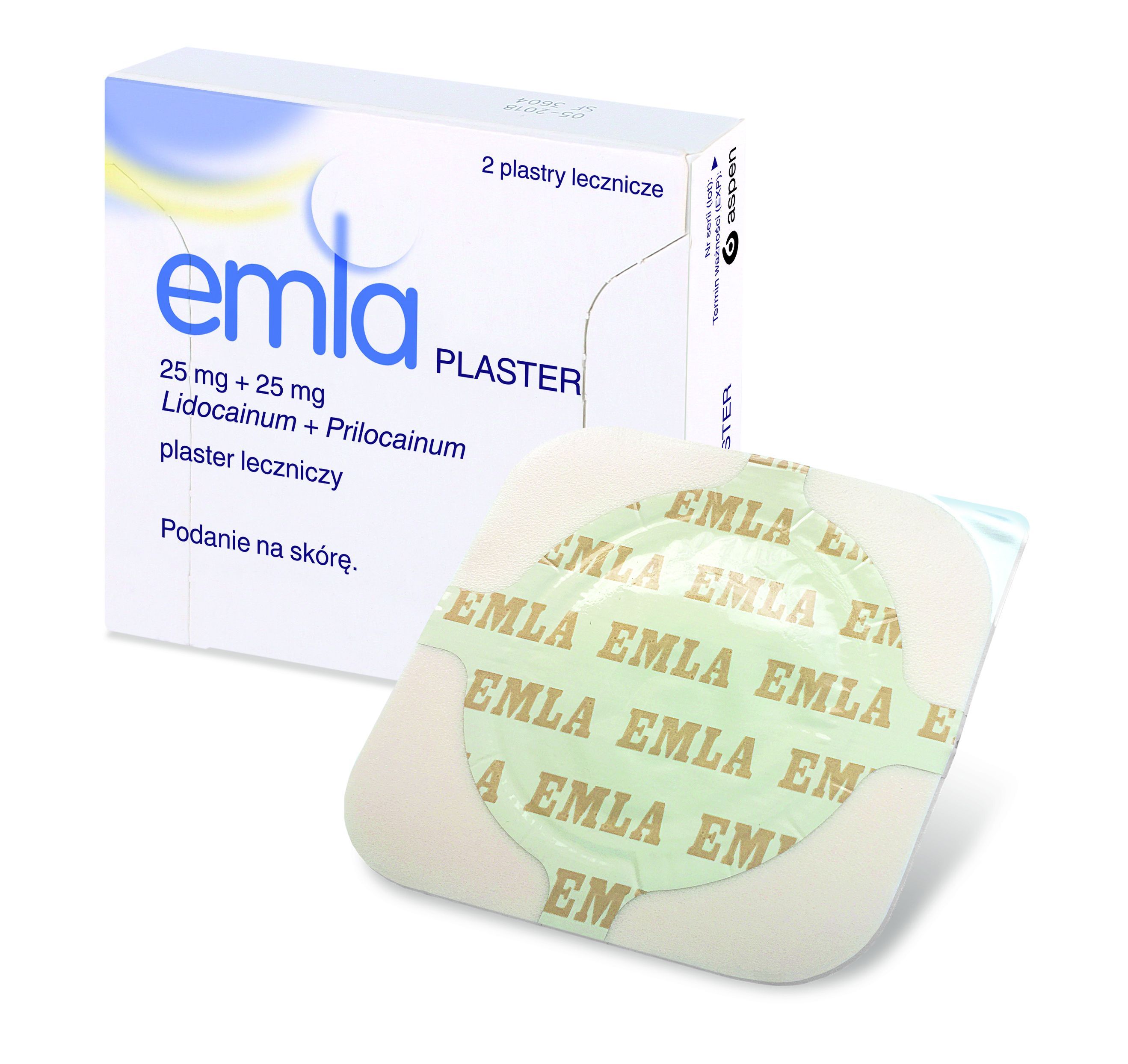 EMLA PLASTER, 25 mg + 25 mg, plaster leczniczy, 2 plastry, zabezpieczone z jednej strony folią aluminiową, w tekturowym pudełku.