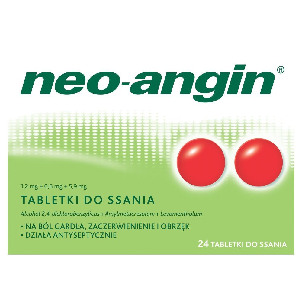 Neo Angin, 1,2 mg + 0,6 mg + 5,9 mg, tabletki do ssania, 24 sztuki