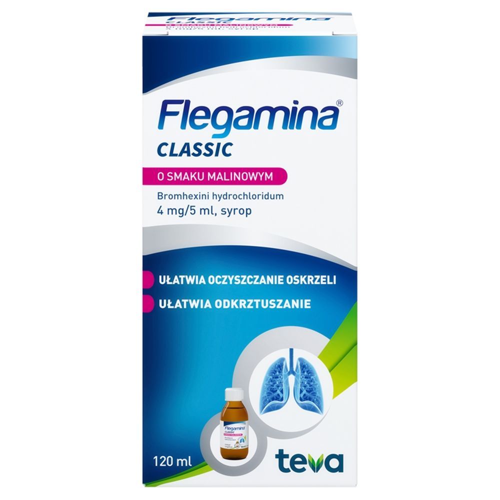 Flegamina, 4 mg/5 ml, syrop o smaku malinowym, 120 ml