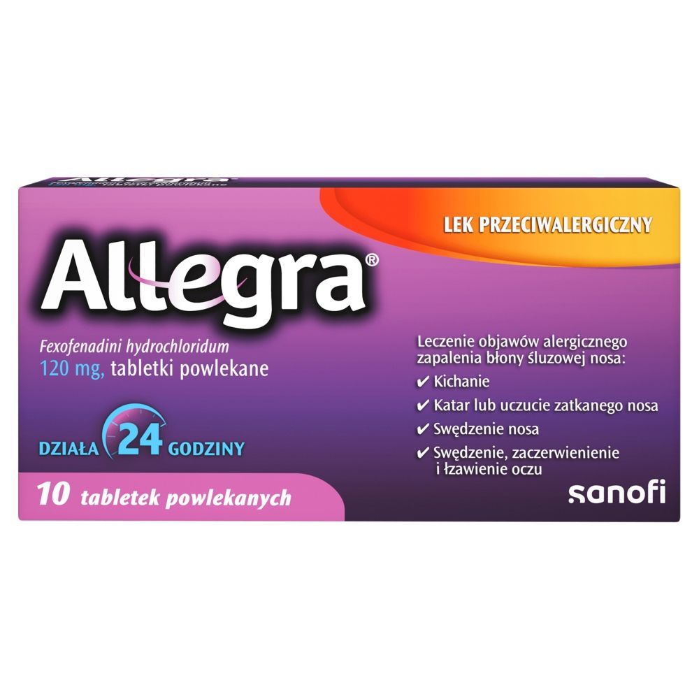 Allegra, 120 mg, tabletki powlekane, opakowanie zawiera 10 sztuk.