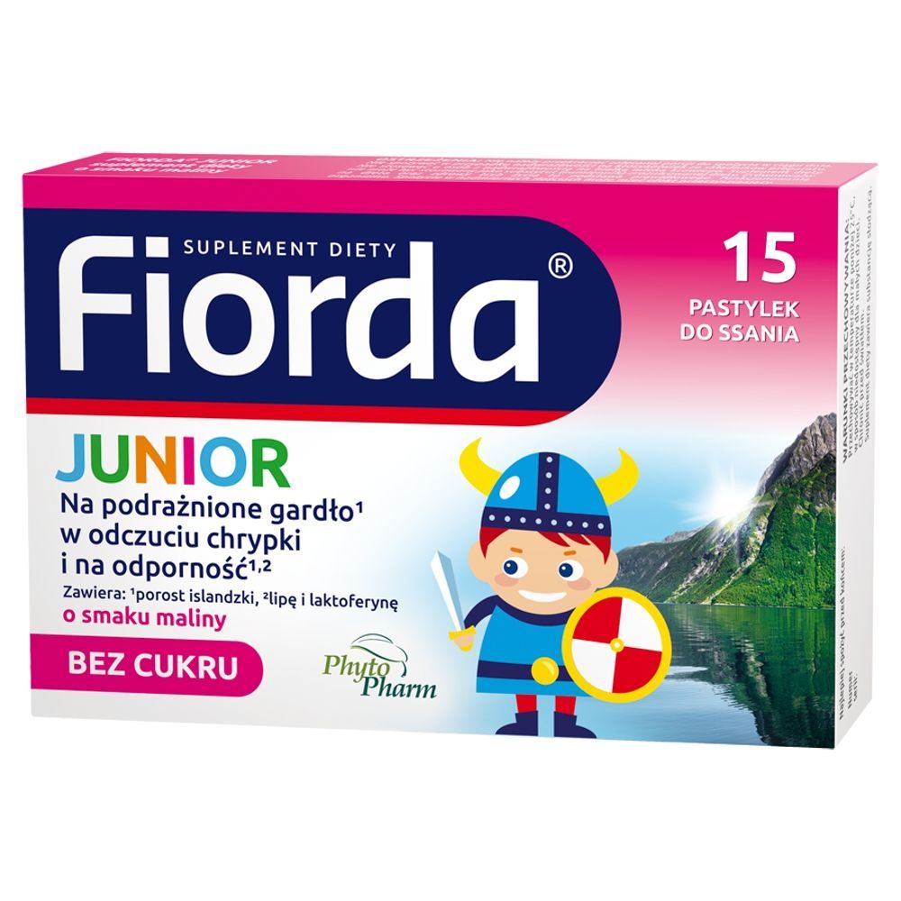Fiorda Junior, pastylki do ssania o smaku malinowym, 15 szt.