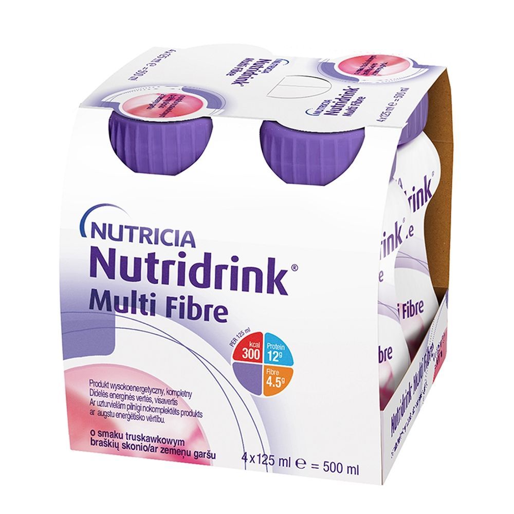 Nutridrink Multi Fibre, smak truskawkowy, płyn, 4 x 125 ml