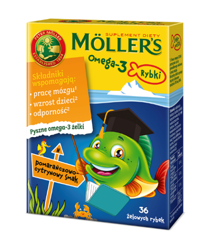 Mollers Omega-3 Rybki, żelki, smak pomarańczowo-cytrynowy, 36 szt.