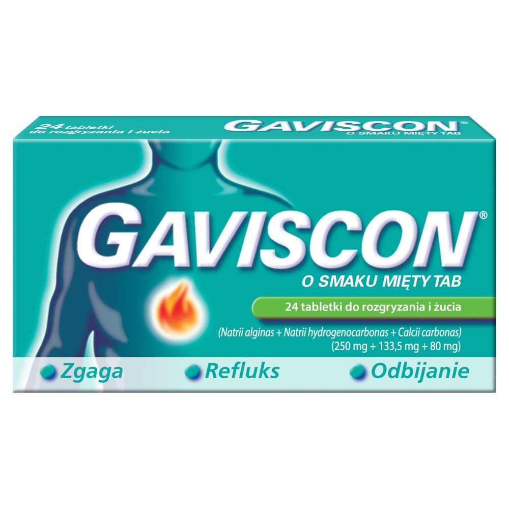 Gaviscon o smaku mięty TAB, tabletki do rozgryzania, żucia, 24 szt.
