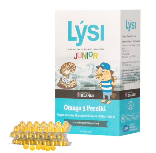 Lysi Junior Omega 3 Perełki, kapsułki do żucia, smak gumy balonowej, 60 szt.
