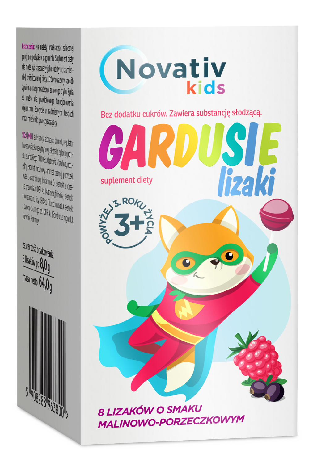 Novativ kids Gardusie, lizaki o smaku malinowo-porzeczkowym, 8 sztuk