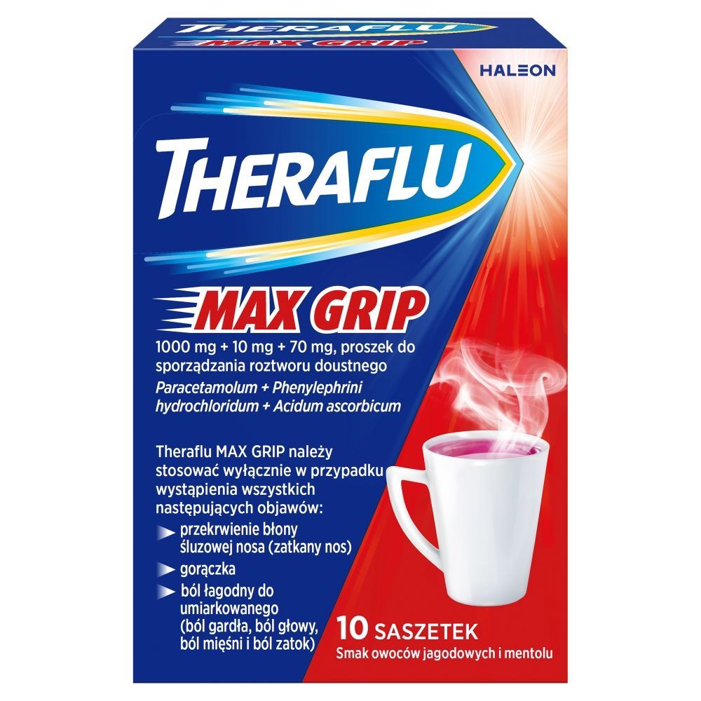Theraflu MAX GRIP, 1000 mg + 10 mg + 70 mg, proszek do sporządzania roztworu doustnego, 10 saszetek