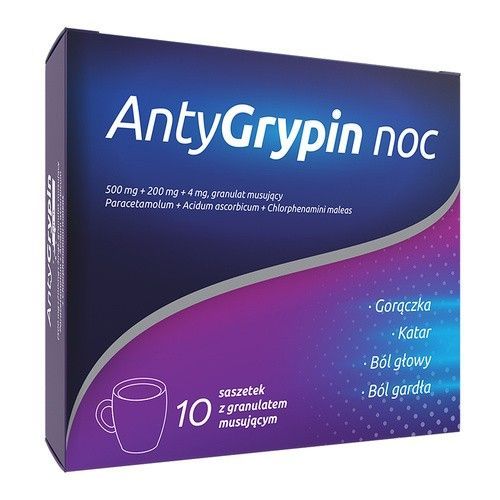 AntyGrypin COMPLEX, 500 mg + 200 mg + 4 mg, granulat musujący, 10 saszetek (AntyGrypin Noc)