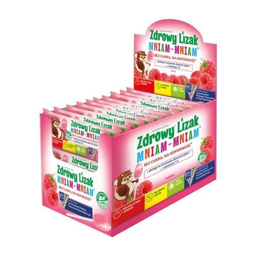 Zdrowy Lizak MniamMniam, na ząbki kości i odporność z witaminą C i D, smak malinowy, lizaki, 40 szt.