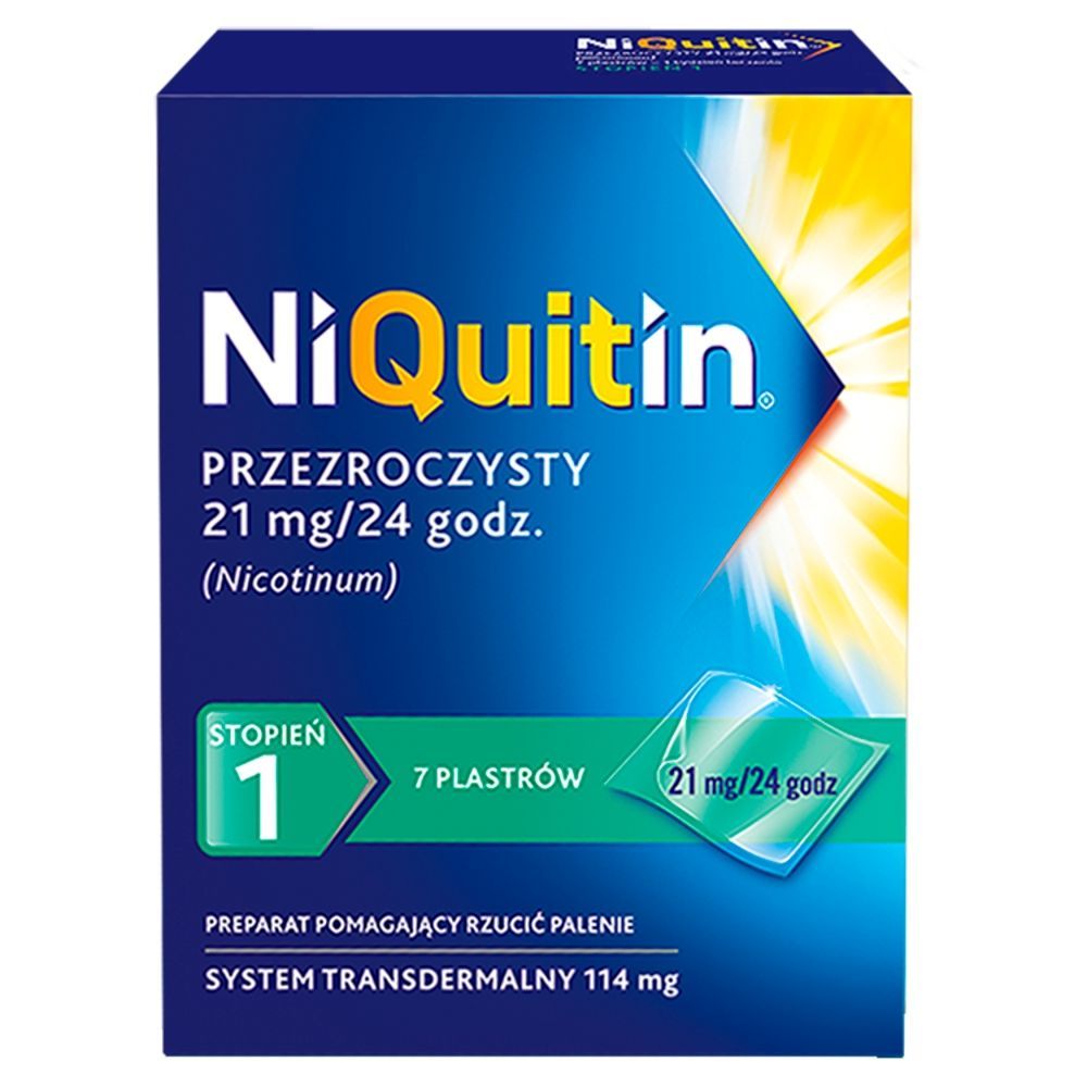 Niquitin przezroczysty, 21 mg/24 h, system transdermalny 114 mg, stopień 1, plastry, 7 szt.