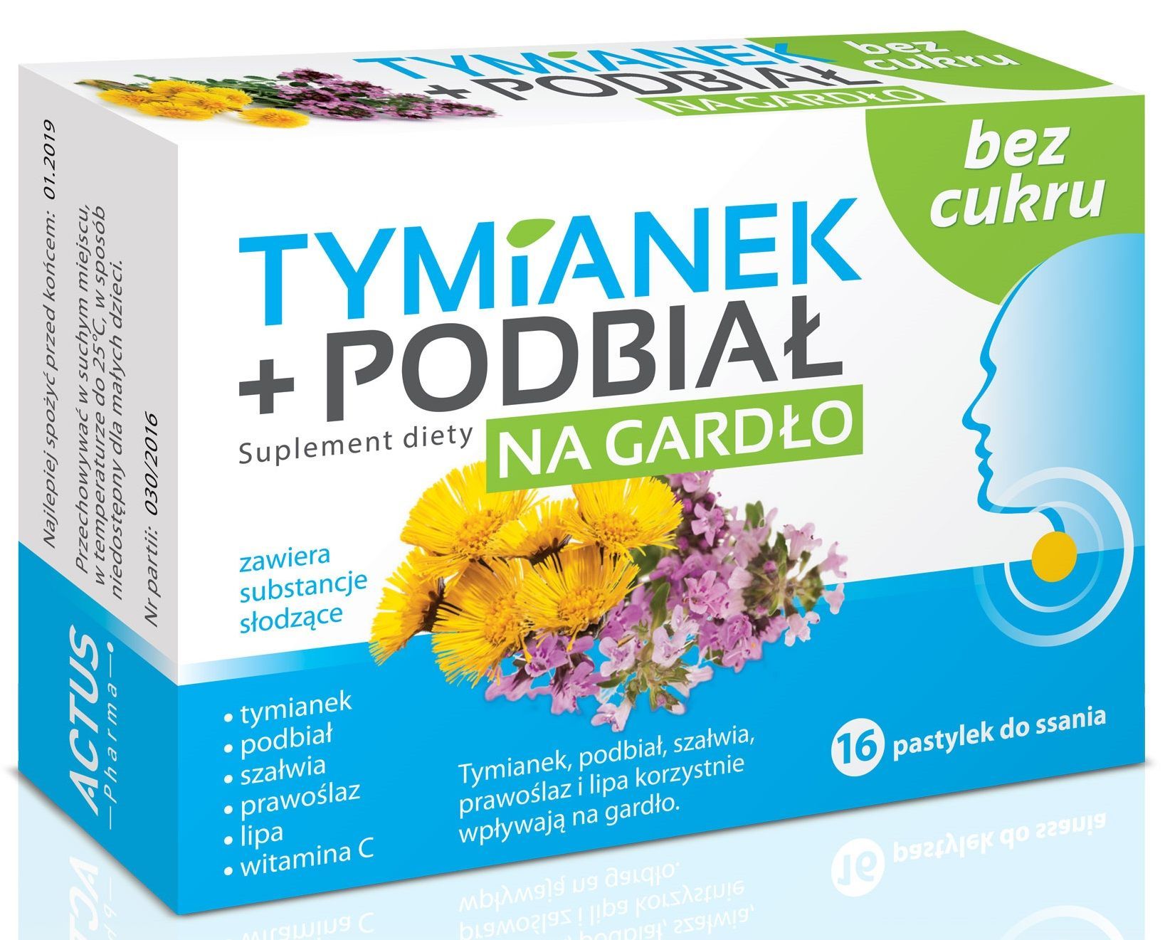 Tymianek + Podbiał, pastylki do ssania na gardło, bez cukru, 16 szt.