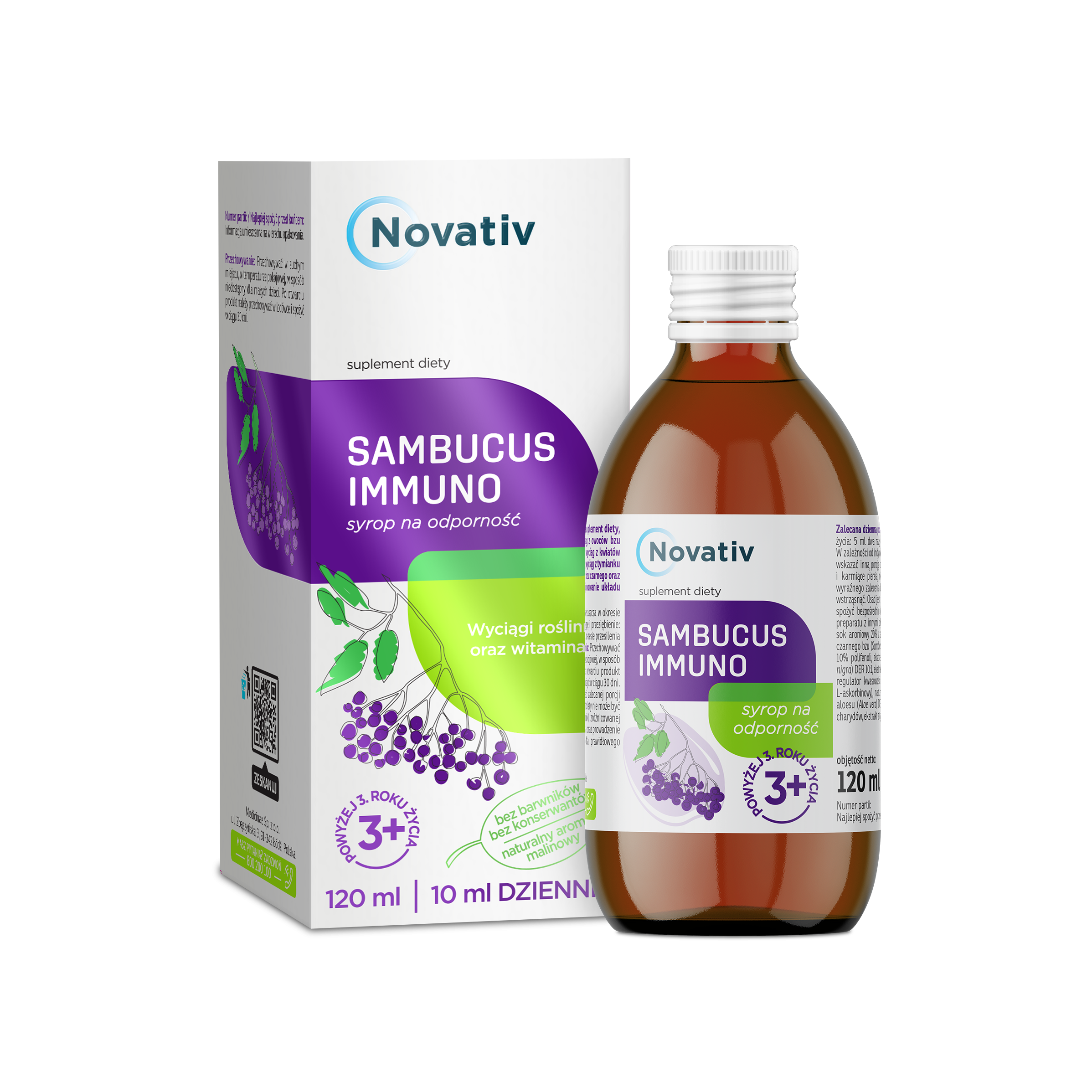 Novativ Sambucus immuno, syrop na odporność, 120 ml