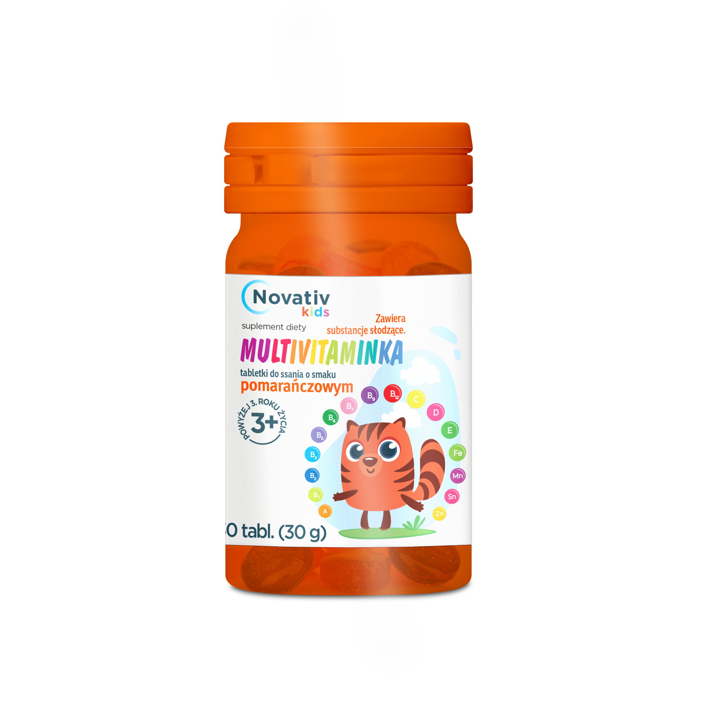 Novativ Kids Multivitaminka, 30 tabletek do ssania o smaku pomarańczowym