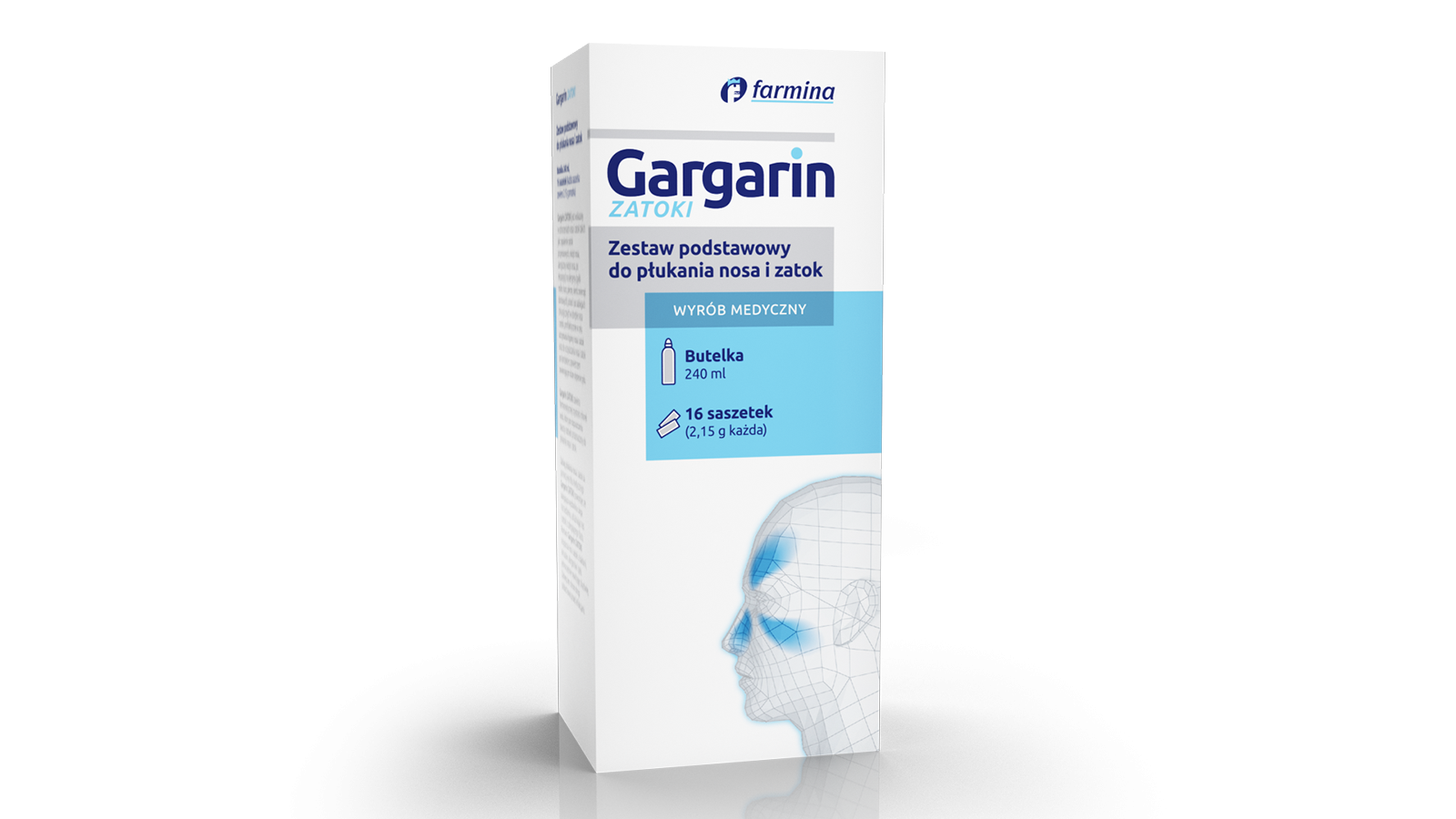 Gargarin Zatoki, zestaw podstawowy do płukania nosa i zatok, butelka 240 ml + 16 saszetek