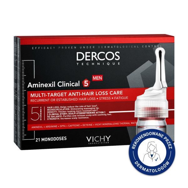 Vichy Dercos Aminexil Clinical 5, kuracja przeciw wypadaniu włos&oacute;w dla mężczyzn, 6 ml, 21 ampułek