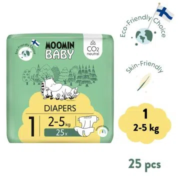 Moomin Baby 1 Newborn 2–5 kg, eko pieluszki, 25 szt.