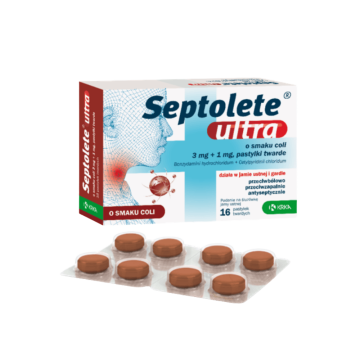 Septolete Ultra o smaku coli, 3mg + 1mg, pastylki twarde, 16 szt