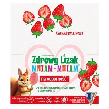 Zdrowy Lizak MniamMniam, na ząbki kości i odporność z witaminą C i D, smak truskawkowy, lizaki, 40 szt.