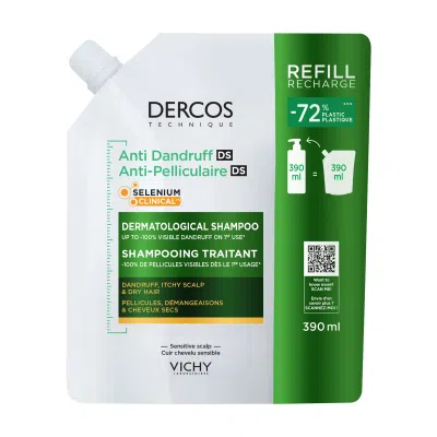 Vichy Dercos, szampon przeciwłupieżowy, włosy suche, refill, 390ml